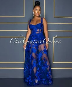 Vendor-unknown Lidonie Royal Blue Embroidery Mesh Maxi Padded Dress CELEBRITY CO