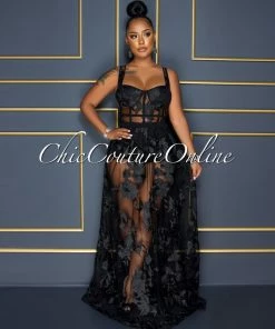 Vendor-unknown Lidonie Black Embroidery Mesh Maxi Padded Dress