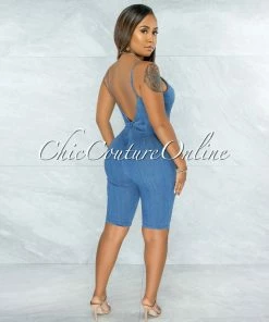 Vendor-unknown Mandar Blue Denim Front Tie Biker Length Romper JUST IN