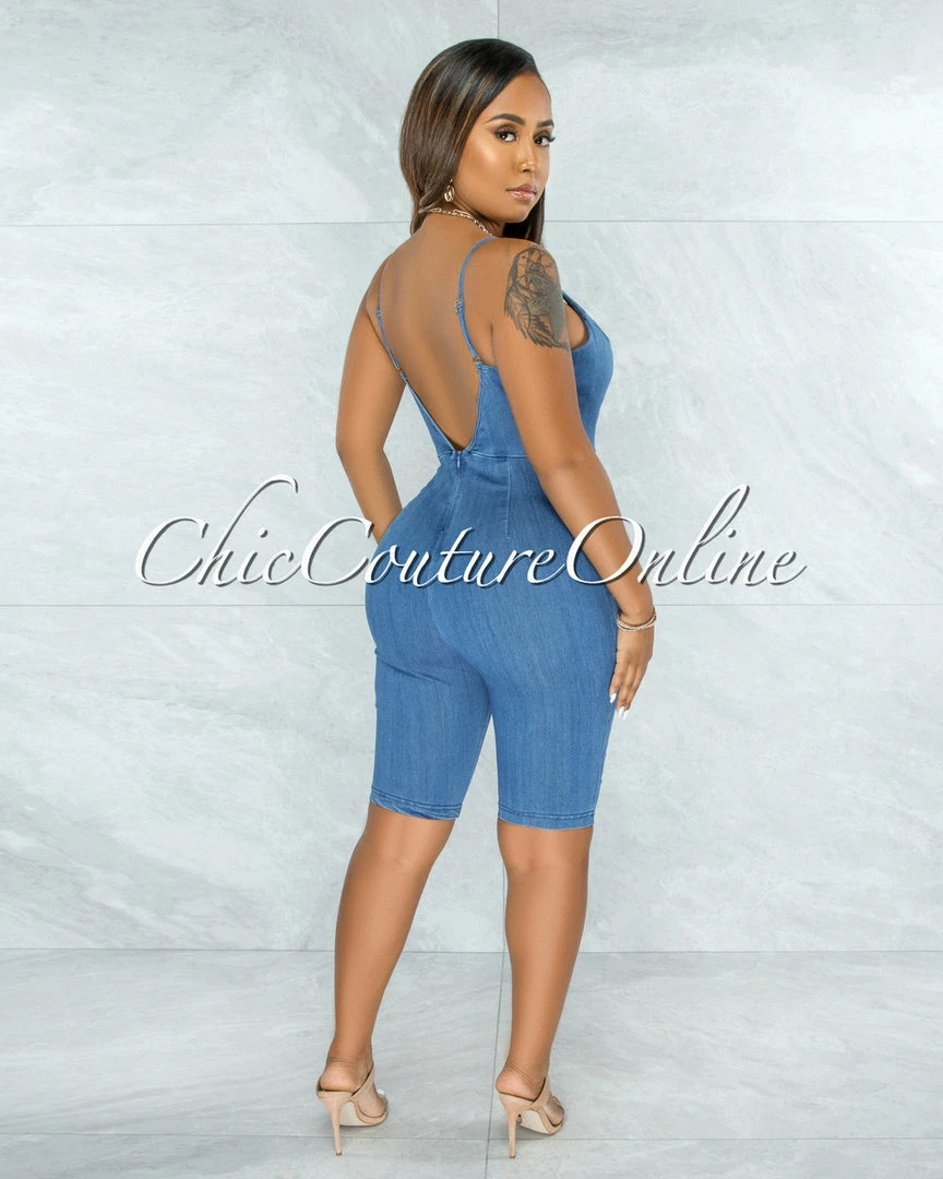Vendor-unknown Mandar Blue Denim Front Tie Biker Length Romper JUST IN