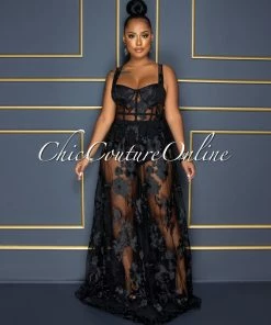 Vendor-unknown Lidonie Black Embroidery Mesh Maxi Padded Dress