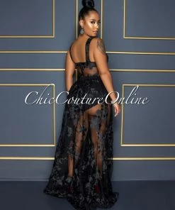Vendor-unknown Lidonie Black Embroidery Mesh Maxi Padded Dress