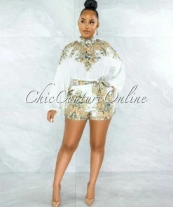 Vendor-unknown JUST IN Lovella Off-White Gold Print Blouse & Shorts Set