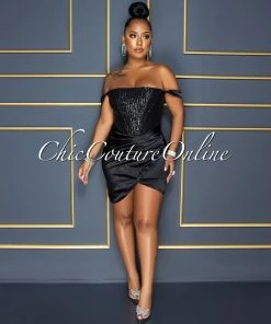 Vendor-unknown Oliver Black Sequins Satin Drape Corset Dress