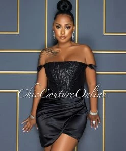 Vendor-unknown Oliver Black Sequins Satin Drape Corset Dress