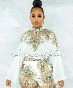 Vendor-unknown JUST IN Lovella Off-White Gold Print Blouse & Shorts Set