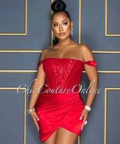 Vendor-unknown Oliver Red Sequins Satin Drape Corset Dress CELEBRITY CO
