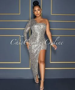 Vendor-unknown CELEBRITY CO Javiera Nude Leopard Print Sequins Single Shoulder Slit Dress