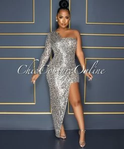Vendor-unknown CELEBRITY CO Javiera Nude Leopard Print Sequins Single Shoulder Slit Dress