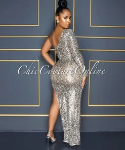 Vendor-unknown CELEBRITY CO Javiera Nude Leopard Print Sequins Single Shoulder Slit Dress