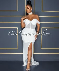 Vendor-unknown Mathilda Off-White Mesh Drape Hi-Lo Hem Maxi Dress CELEBRITY CO