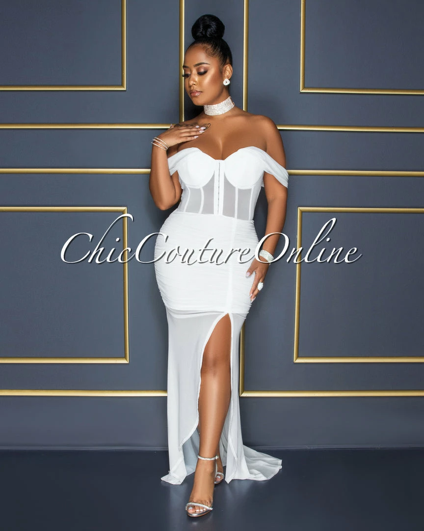 Vendor-unknown Mathilda Off-White Mesh Drape Hi-Lo Hem Maxi Dress CELEBRITY CO