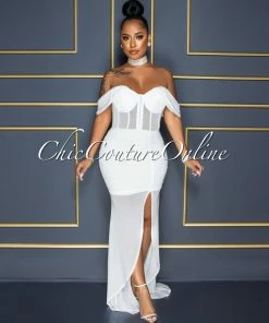 Vendor-unknown Mathilda Off-White Mesh Drape Hi-Lo Hem Maxi Dress CELEBRITY CO