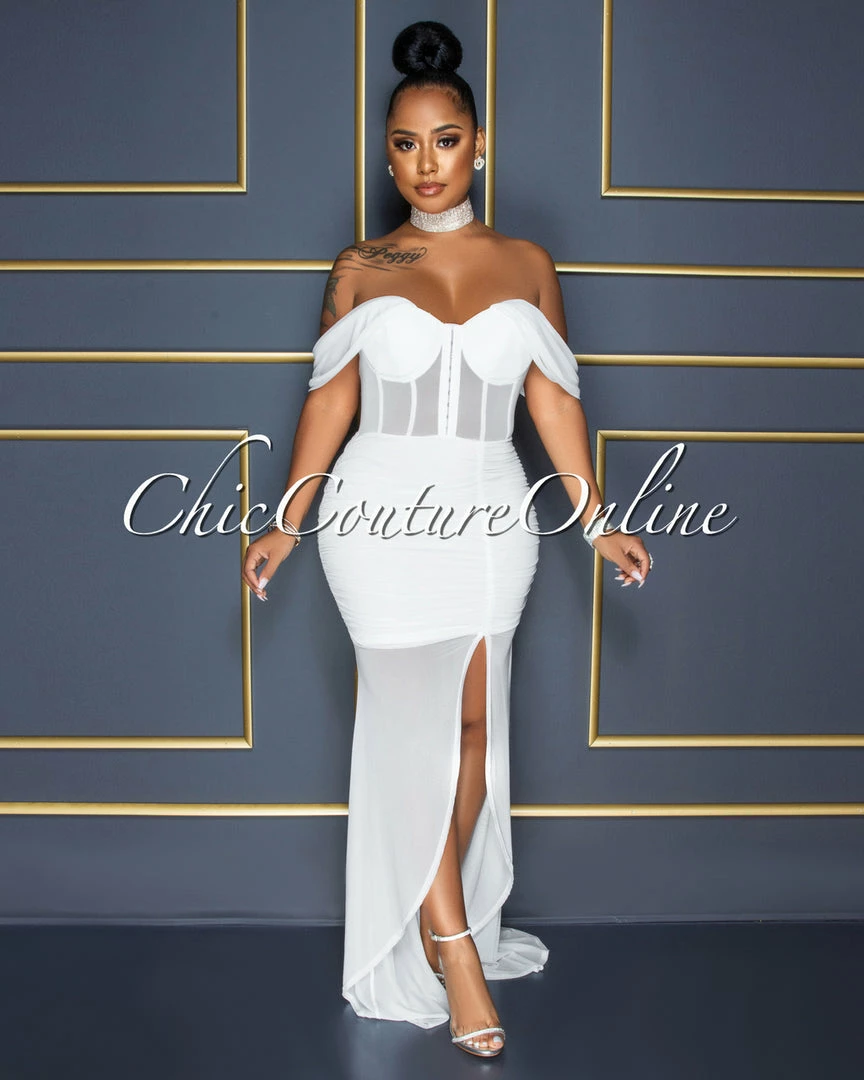 Vendor-unknown Mathilda Off-White Mesh Drape Hi-Lo Hem Maxi Dress CELEBRITY CO