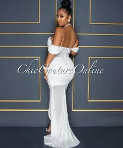 Vendor-unknown Mathilda Off-White Mesh Drape Hi-Lo Hem Maxi Dress CELEBRITY CO