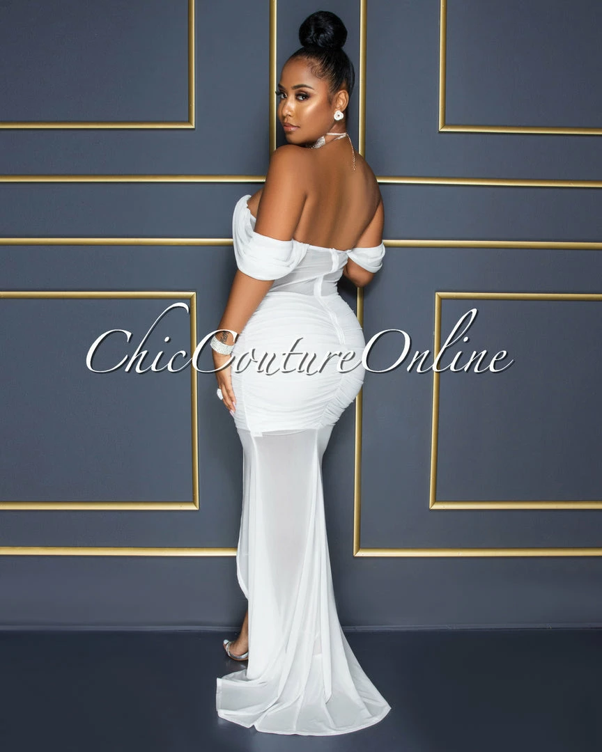 Vendor-unknown Mathilda Off-White Mesh Drape Hi-Lo Hem Maxi Dress CELEBRITY CO