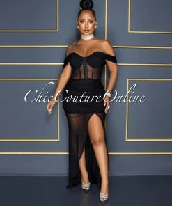 Vendor-unknown CELEBRITY CO Mathilda Black Mesh Drape Hi-Lo Hem Maxi Dress