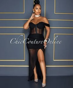 Vendor-unknown CELEBRITY CO Mathilda Black Mesh Drape Hi-Lo Hem Maxi Dress