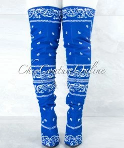 Vendor-unknown Spring Royal Blue White Paisley Print Over-The-Knee Boots