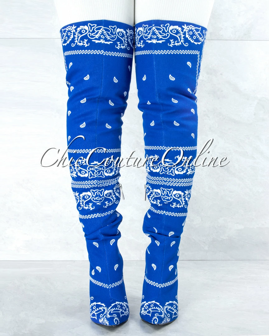 Vendor-unknown Spring Royal Blue White Paisley Print Over-The-Knee Boots