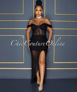 Vendor-unknown CELEBRITY CO Mathilda Black Mesh Drape Hi-Lo Hem Maxi Dress