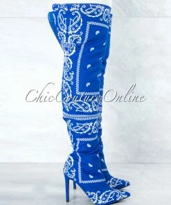 Vendor-unknown Spring Royal Blue White Paisley Print Over-The-Knee Boots