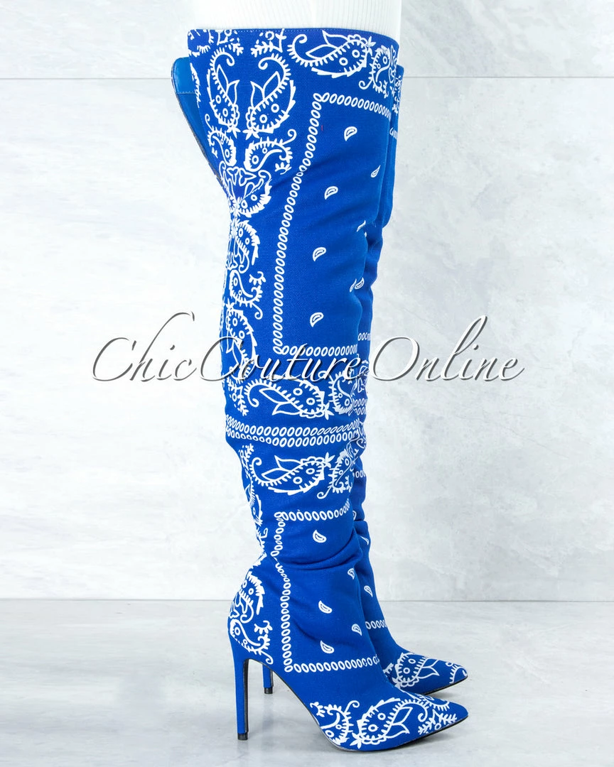 Vendor-unknown Spring Royal Blue White Paisley Print Over-The-Knee Boots