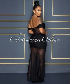 Vendor-unknown Katharina Black Sequins Mesh Side Slit Maxi Dress