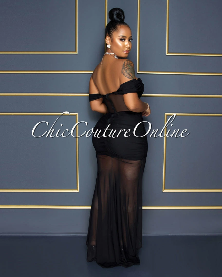 Vendor-unknown Katharina Black Sequins Mesh Side Slit Maxi Dress