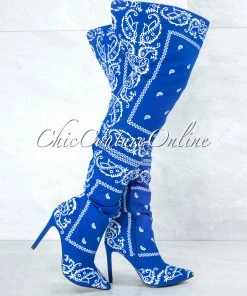Vendor-unknown Spring Royal Blue White Paisley Print Over-The-Knee Boots