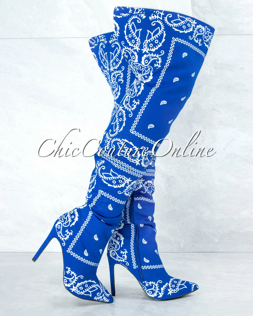 Vendor-unknown Spring Royal Blue White Paisley Print Over-The-Knee Boots