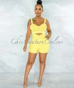 Vendor-unknown JUST IN Christopher Yellow Ruffle Details Top & Belt Shorts Set