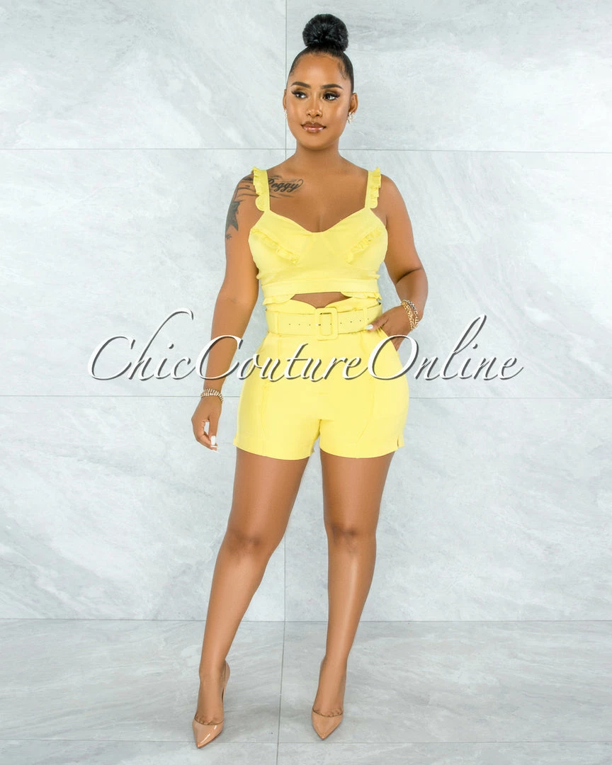 Vendor-unknown JUST IN Christopher Yellow Ruffle Details Top & Belt Shorts Set