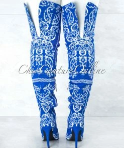 Vendor-unknown Spring Royal Blue White Paisley Print Over-The-Knee Boots