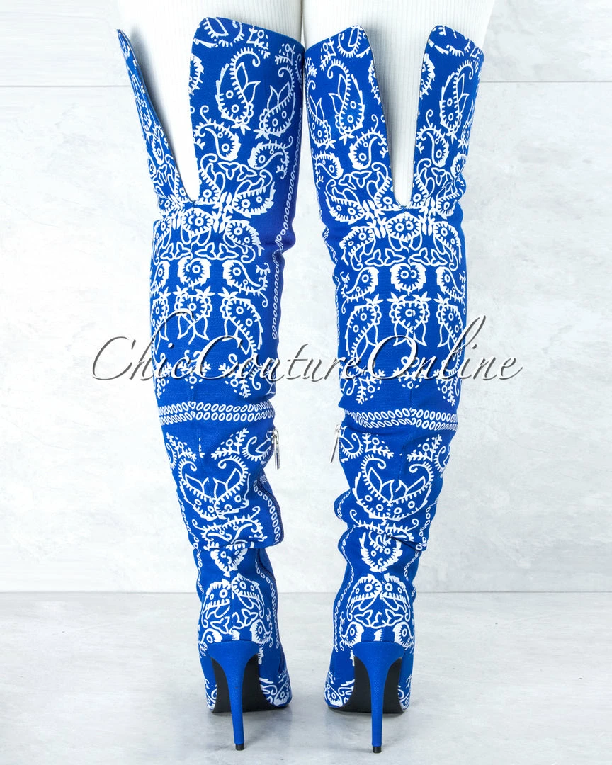 Vendor-unknown Spring Royal Blue White Paisley Print Over-The-Knee Boots