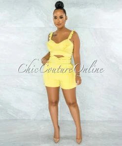 Vendor-unknown JUST IN Christopher Yellow Ruffle Details Top & Belt Shorts Set