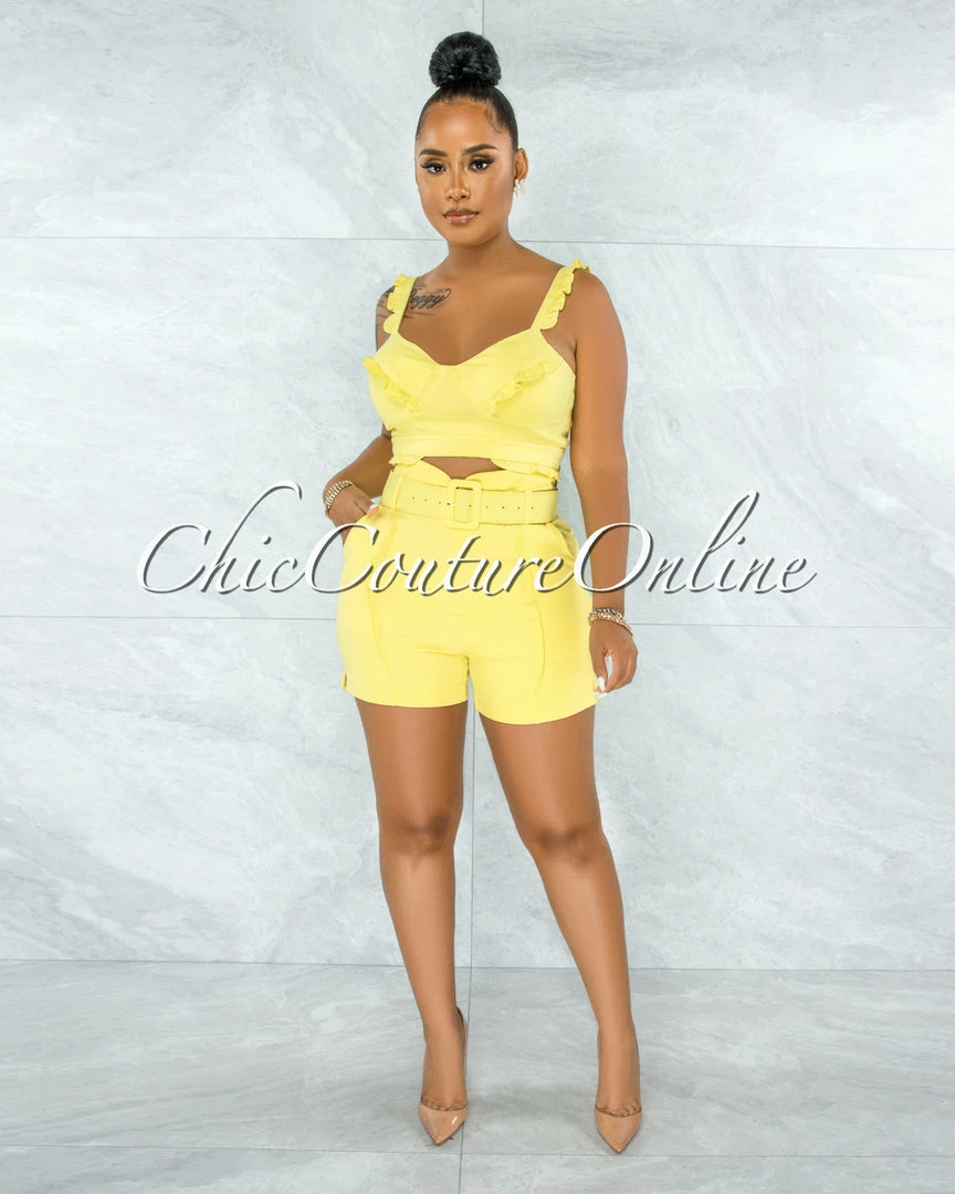 Vendor-unknown JUST IN Christopher Yellow Ruffle Details Top & Belt Shorts Set