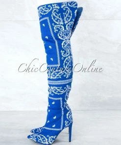 Vendor-unknown Spring Royal Blue White Paisley Print Over-The-Knee Boots