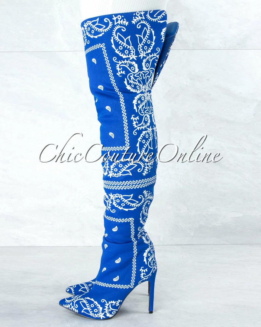 Vendor-unknown Spring Royal Blue White Paisley Print Over-The-Knee Boots
