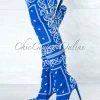 Vendor-unknown Spring Royal Blue White Paisley Print Over-The-Knee Boots