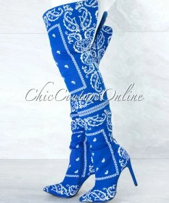 Vendor-unknown Spring Royal Blue White Paisley Print Over-The-Knee Boots