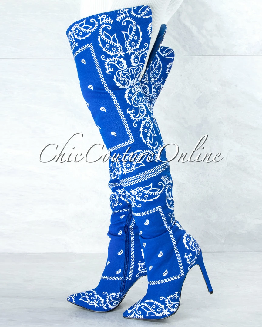 Vendor-unknown Spring Royal Blue White Paisley Print Over-The-Knee Boots