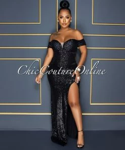 Vendor-unknown Katharina Black Sequins Mesh Side Slit Maxi Dress
