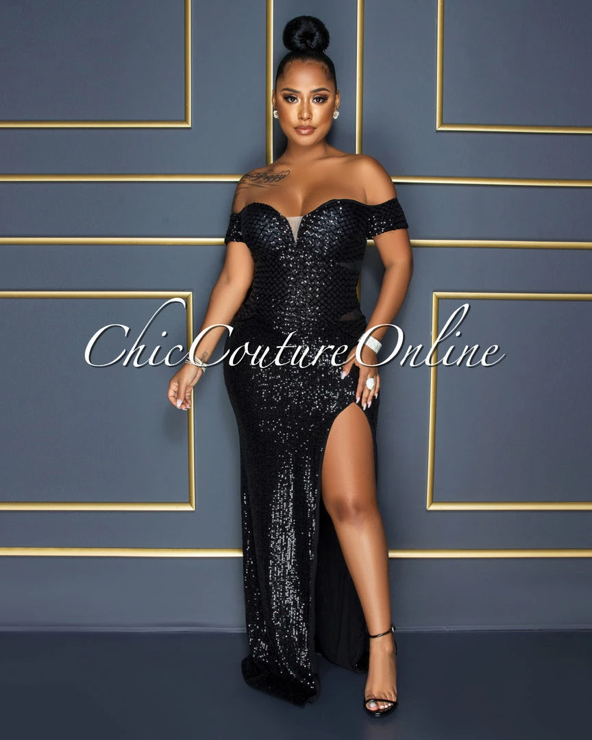 Vendor-unknown Katharina Black Sequins Mesh Side Slit Maxi Dress