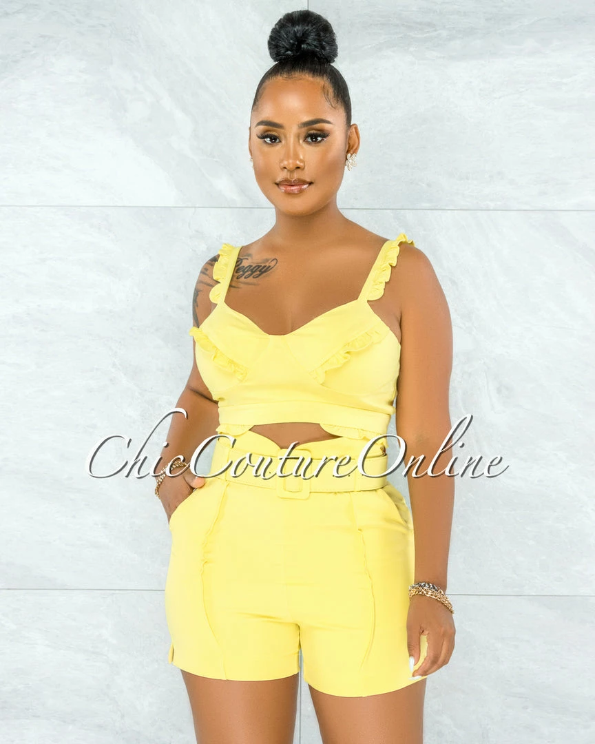 Vendor-unknown JUST IN Christopher Yellow Ruffle Details Top & Belt Shorts Set