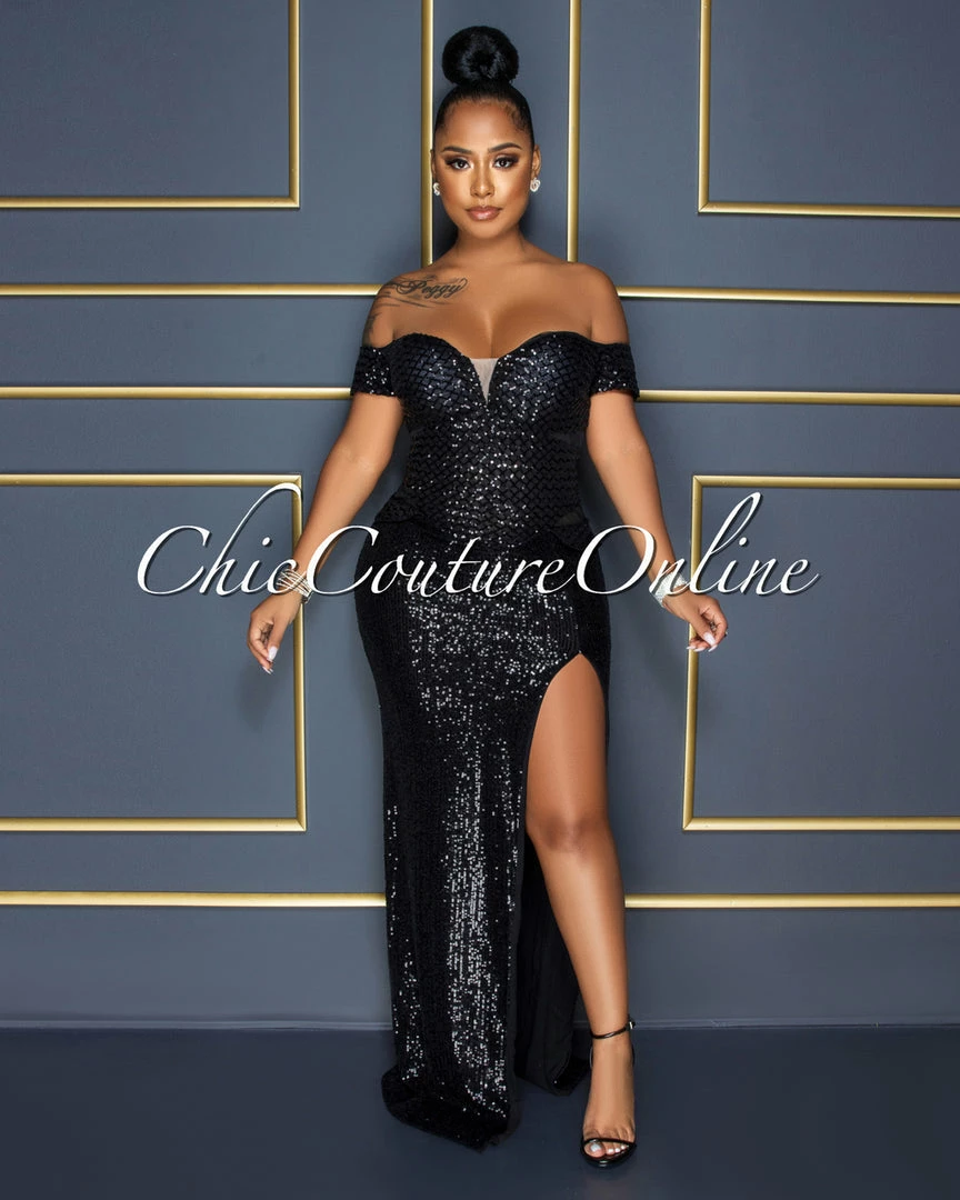 Vendor-unknown Katharina Black Sequins Mesh Side Slit Maxi Dress