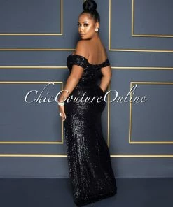 Vendor-unknown Katharina Black Sequins Mesh Side Slit Maxi Dress