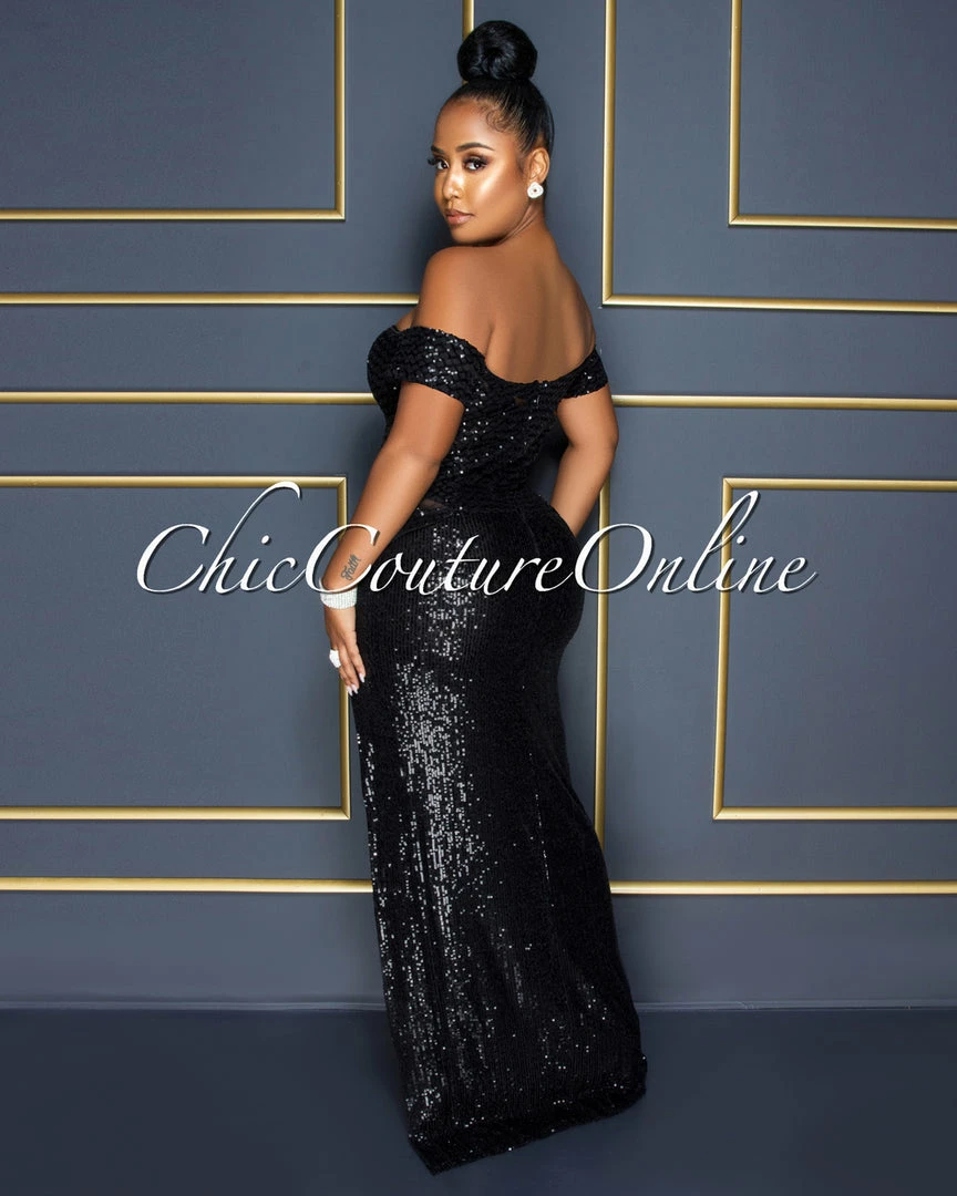 Vendor-unknown Katharina Black Sequins Mesh Side Slit Maxi Dress