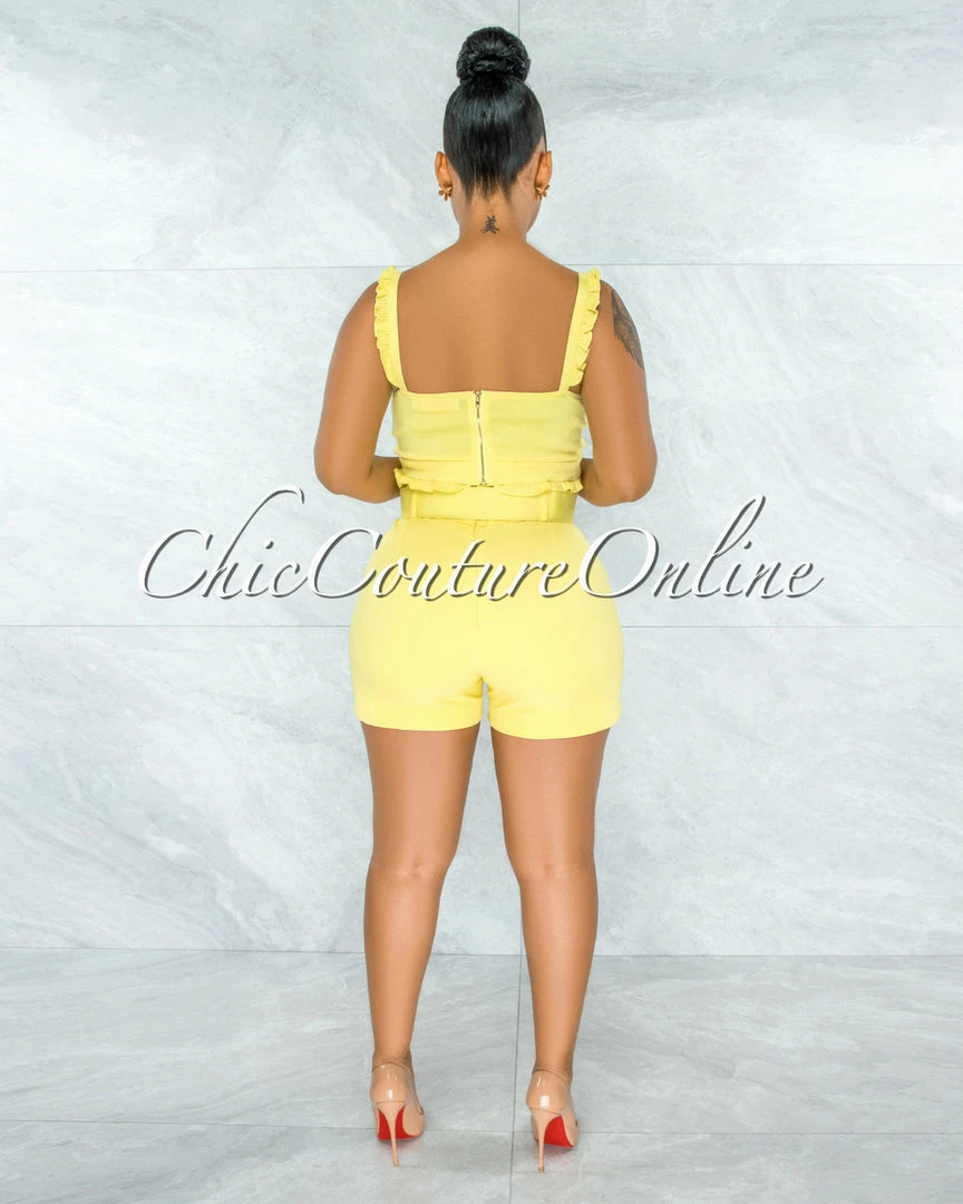 Vendor-unknown JUST IN Christopher Yellow Ruffle Details Top & Belt Shorts Set