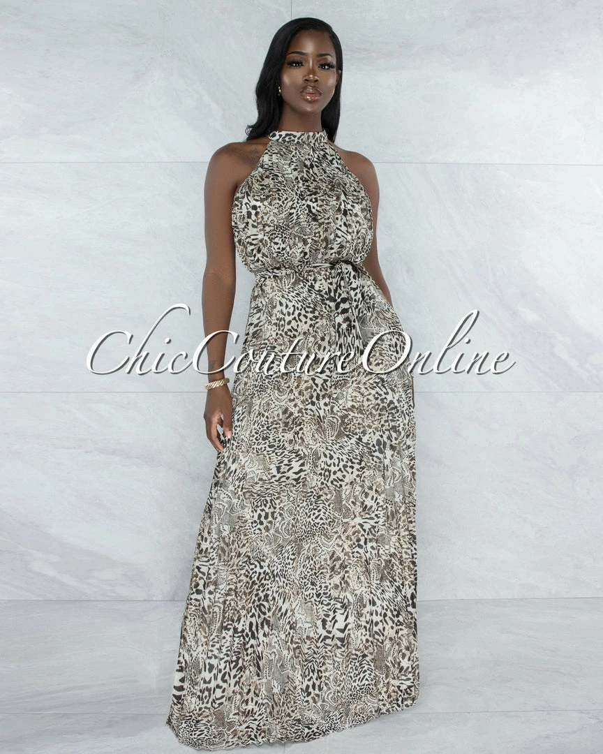 Vendor-unknown JUST IN Uriana Leopard Print Pleated Luxe Halter Maxi Dress